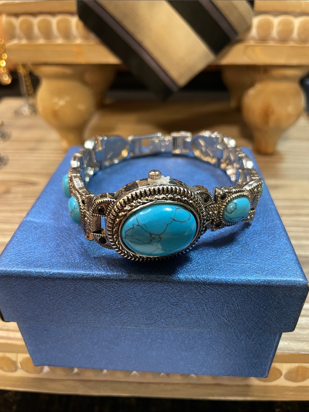 Silver-Tone Turquoise Stone Bracelet Watch - Blue